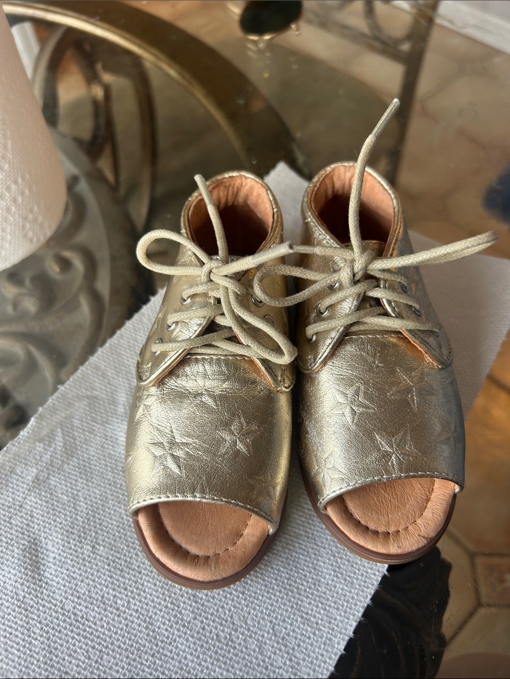 Girls Metallic Gold Star Lace-Up Open-Toe Sandals leather